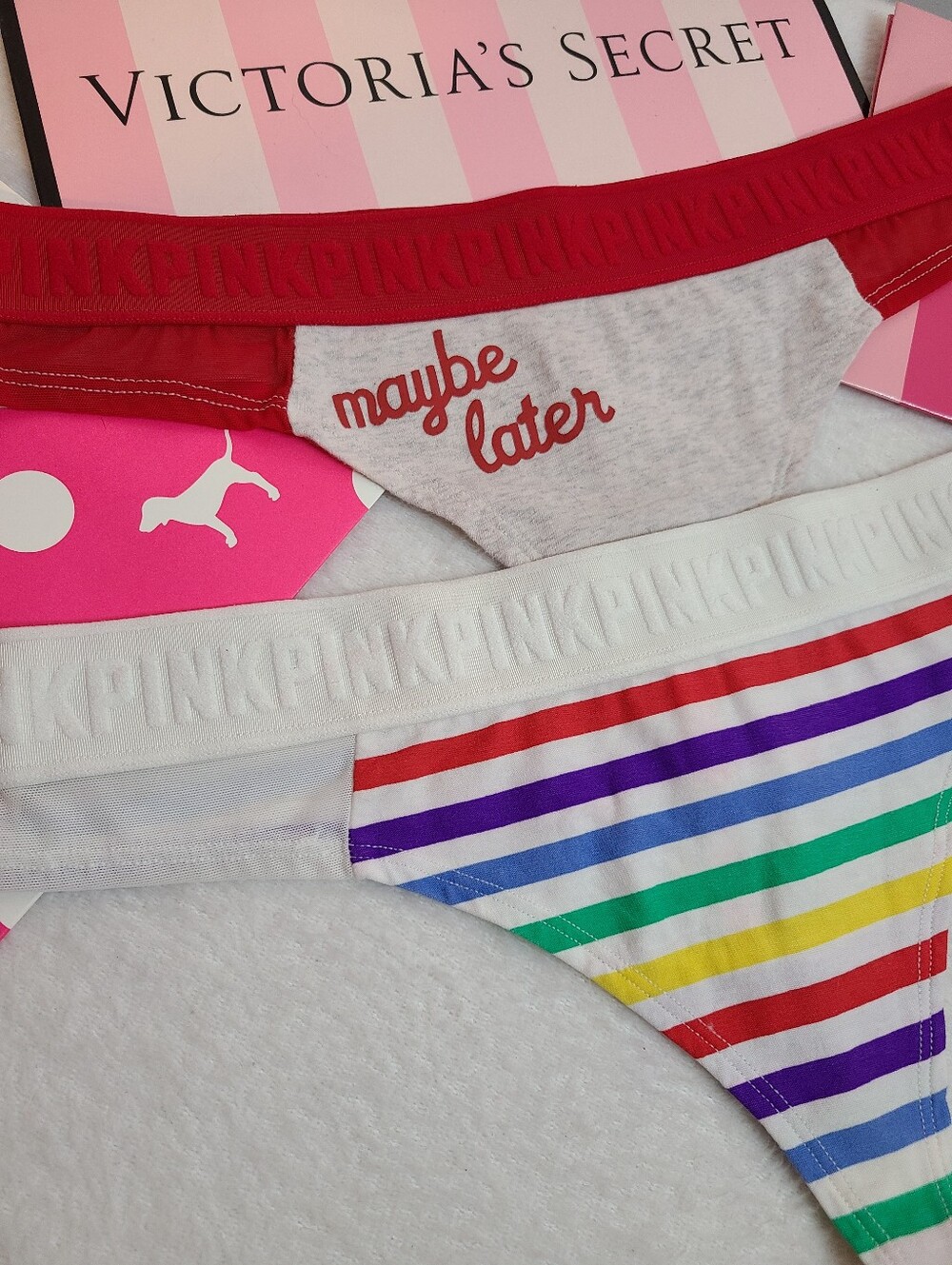 Retired VS PINK 2pk Colorful Logo Band Cotton Thong Panties Size Lg - Picture 2 of 6
